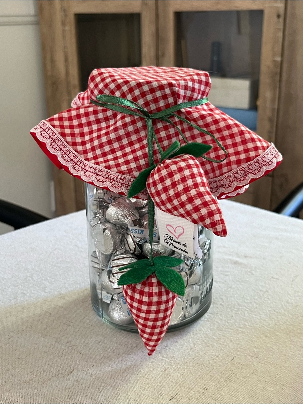 Handmade Cottagecore Red Gingham Mason Jar Cover & Strawberry Charms